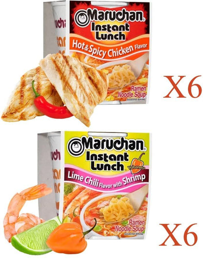Maruchan Ramen Instant Cup Noodles 12 Count - 6 Hot & Spicy Chicken Flavor & 6 Lime Chili Shrimp Flavor Lunch / Dinner Variety, 2 Flavors