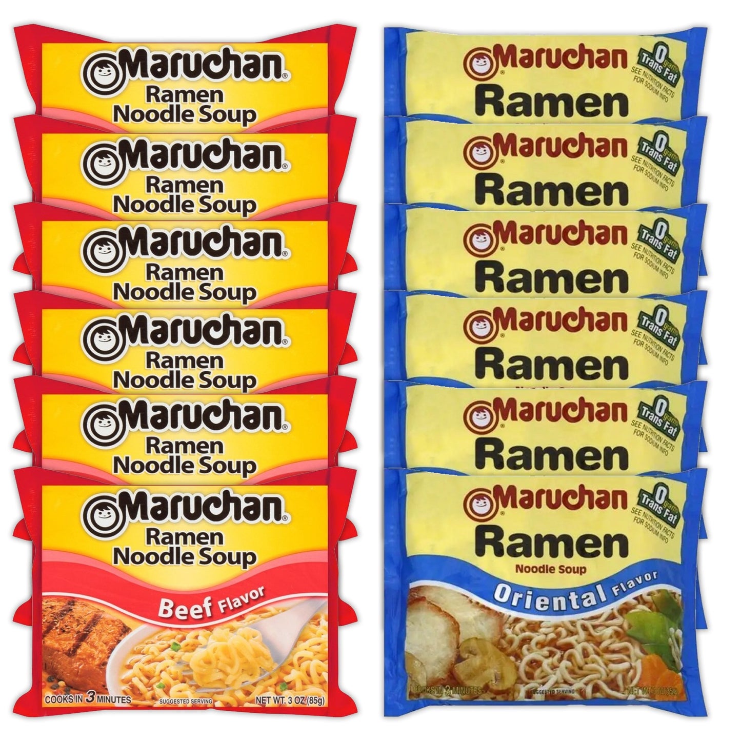 Maruchan Ramen Instant Noodle Soup Variety, 2 Flavors - 6 Packs Beef & 6 Packs Soy Sauce , 3 Ounce Single Servings Lunch / Dinner Variety