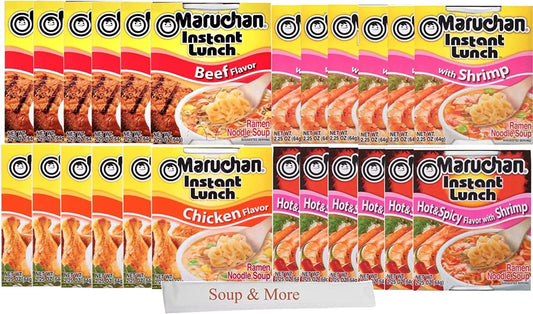 Maruchan Ramen Cup Noodles Instant 24 Count - 6 Beef cups, 6 Shrimp, 6 Beef & 6 Hot & Spicy Shrimp cup Lunch / Dinner Variety, 4 Flavors