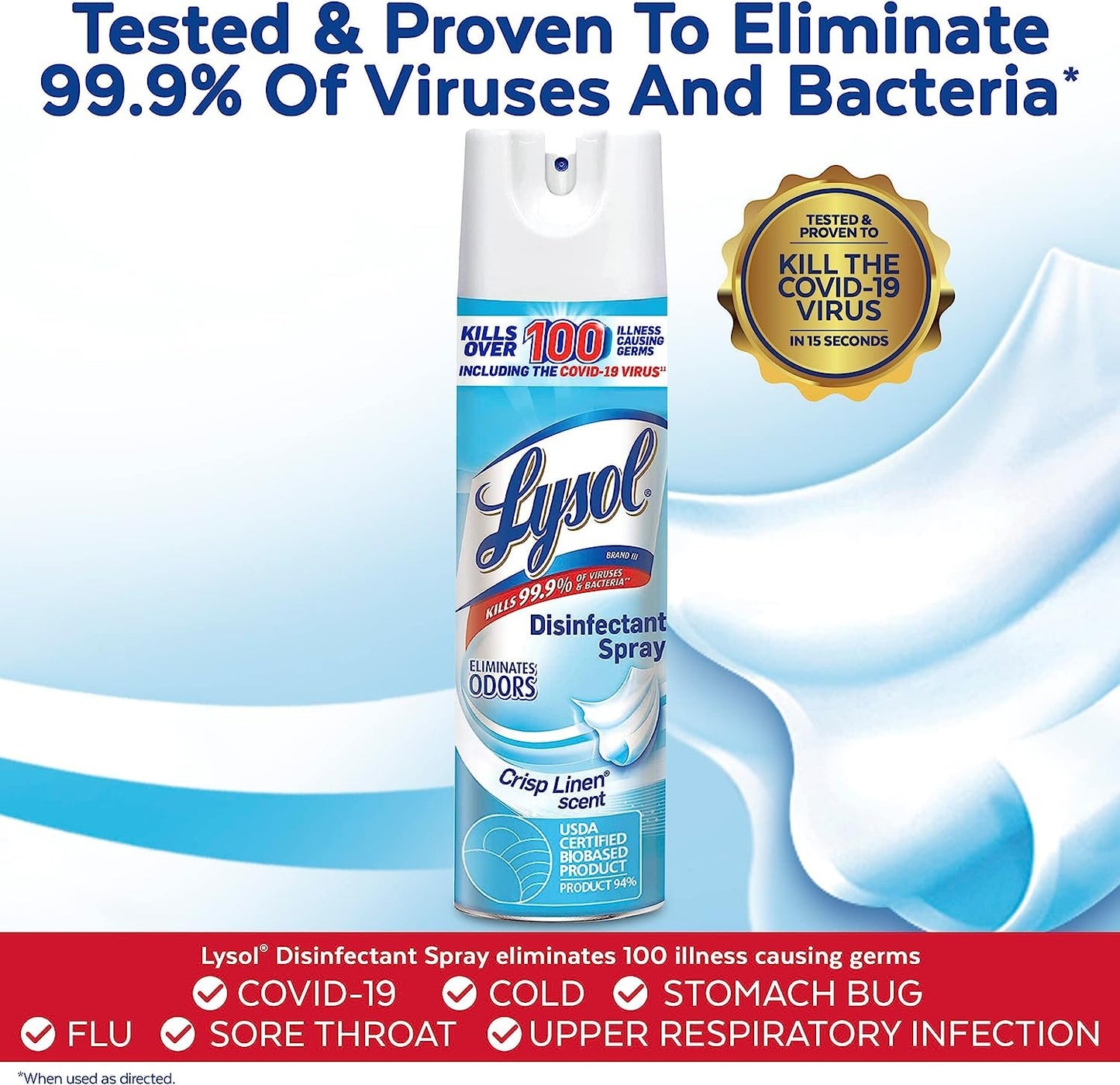 Lysol Disinfectant Spray, Sanitizing and Antibacterial Spray, For Disinfecting and Deodorizing, Crisp Linen, 19 fl oz (Pack of 12)
