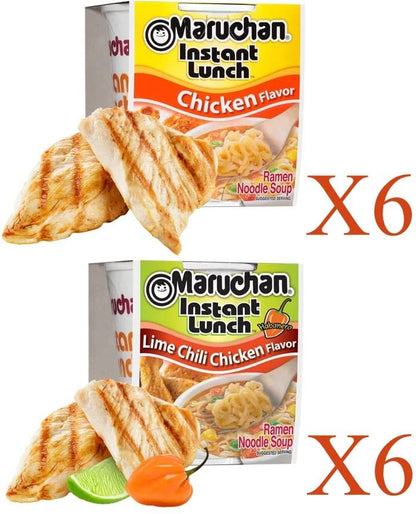 Maruchan Ramen Instant Cup Noodles 12 Count - 6 Chicken Flavor & 6 Lime Chili Chicken Flavor Lunch / Dinner Variety, 2 Flavors