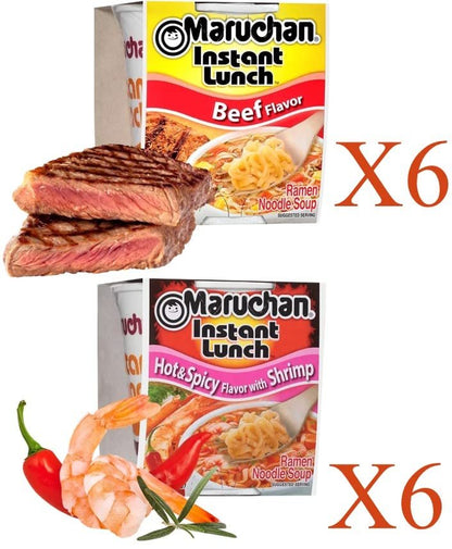 Maruchan Ramen Instant Cup Noodles 12 Count - 6 Beef Flavor & 6 Hot & Spicy Shrimp Flavor Lunch / Dinner Variety, 2 Flavors