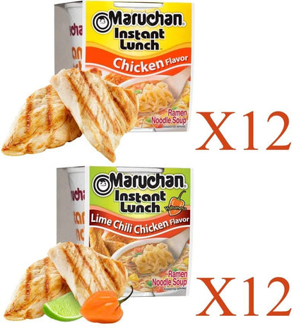 Maruchan Ramen Instant Cup Noodles 24 Count - 12 Chicken Flavor & 12 Lime Chili Chicken Flavor Lunch / Dinner Variety, 2 Flavors