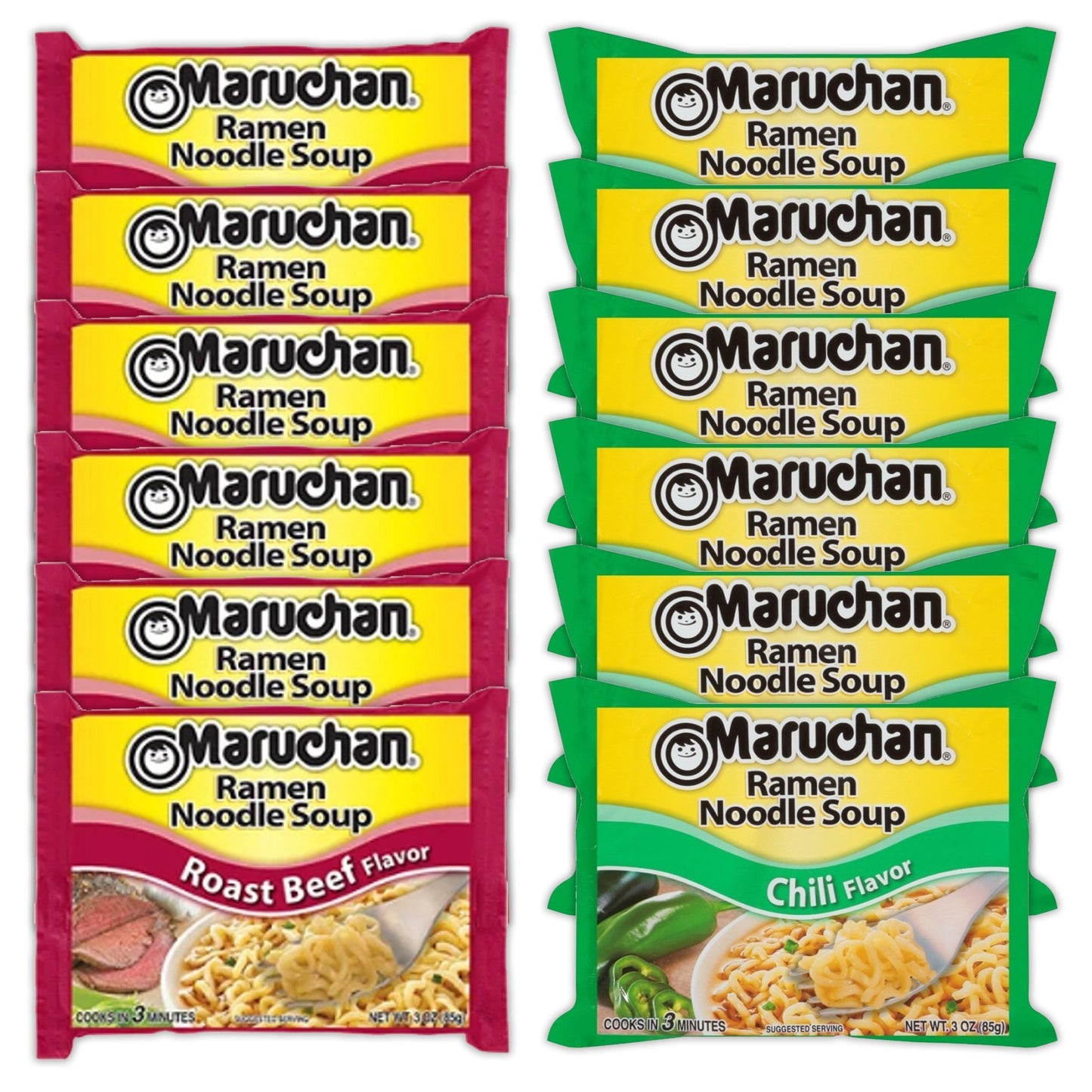 Maruchan Ramen Instant Noodle Soup Variety, 2 Flavors - 6 Packs Roast Beef & 6 Packs Chili , 3 Ounce Single Servings Lunch / Dinner Variety
