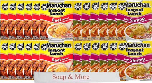 Maruchan Ramen Cup Noodles Instant 24 Count - 12 Beef cups & 12 Shrimp cups Lunch / Dinner Variety, 2 Flavors