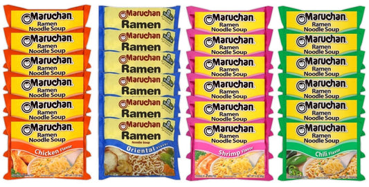 Maruchan Ramen Instant Noodle Soup Variety Mix 24 Packs, 4 Flavors - 6 Pack Oriental, 6 Pack Shrimp, 6 Pack Chicken, 6 Pack Chili Lunch/Dinner Variety