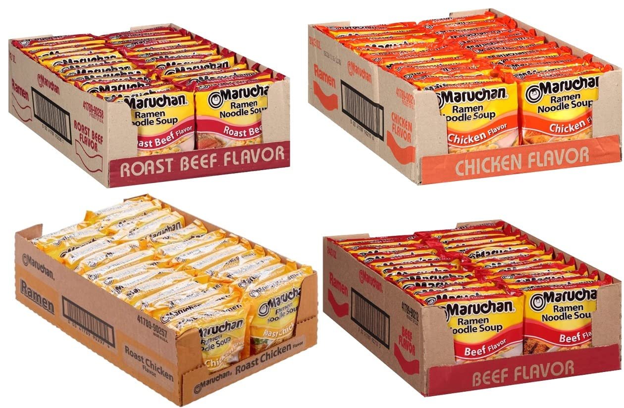 Maruchan Ramen Instant Soup Noodles Mix Variety 4 Flavor Packs 96 Count - 24 Chicken , 24 Lime Chili Shrimp , 24 Beef , 24 Shrimp Pack Lunch / Dinner Variety