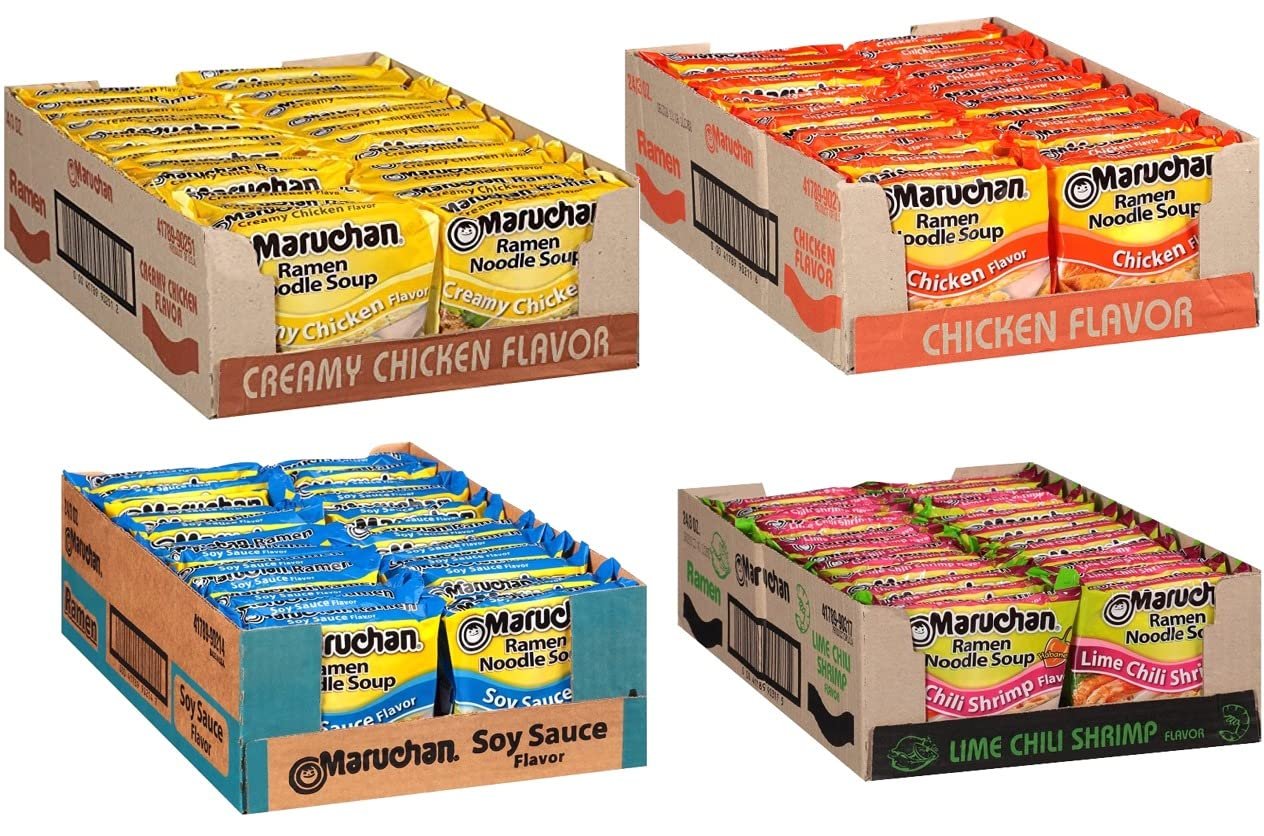 Maruchan Ramen Instant Soup Noodles Mix Variety 4 Flavor Packs 96 Count - 24 Chicken , 24 Lime Chili Shrimp , 24 Beef , 24 Shrimp Pack Lunch / Dinner Variety
