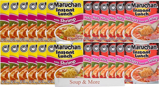 Maruchan Ramen Cup Noodles Instant 24 Count - 12 Hot and Spicy Shrimp cups & 12 Shrimp cups Lunch / Dinner Variety, 2 Flavors