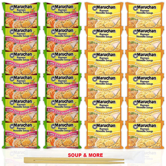 Maruchan Ramen Instant Noodle Soup Variety, 2 Flavors - 12 Packs Lime Chili Shrimp & 12 Packs Roast Chicken , 3 Ounce Single Servings Lunch / Dinner Variety