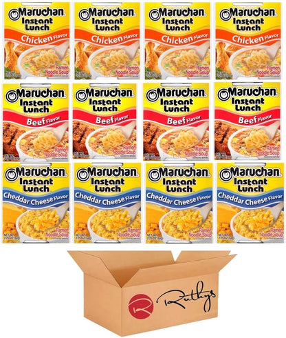 Ruthy's Outlet Ramen Noodle Cup Soup Instant Lunch Variety 12 Count - 9 Flavors -Chicken, Spicy Beef, Chedder cheese, Spicy Chicken, Lime chili Shrimp