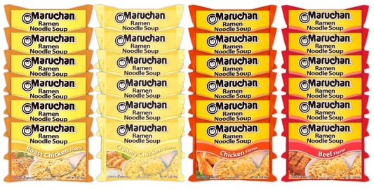 Maruchan Ramen Instant Noodle Soup Variety Mix 24 Packs, 4 Flavors - 6 Pack Creamy Chicken, 6 Pack Chicken, 6 Pack Roast Chicken, 6 Pack Beef Lunch / Dinner Variety