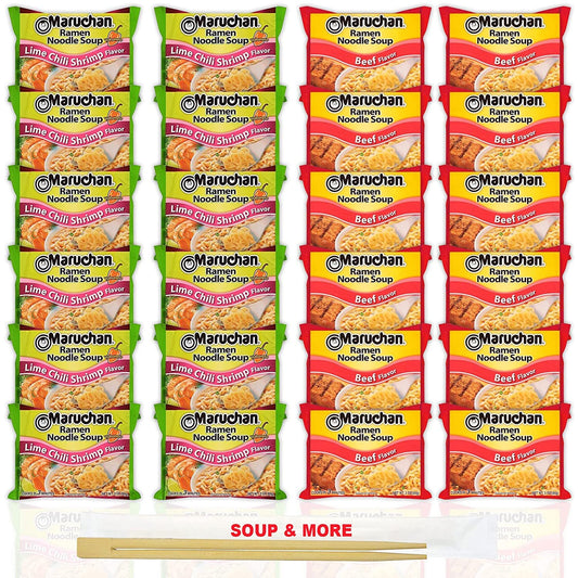 Maruchan Ramen Instant Noodle Soup Variety, 2 Flavors - 12 Packs Lime Chili Shrimp & 12 Packs Beef , 3 Ounce Single Servings Lunch / Dinner Variety