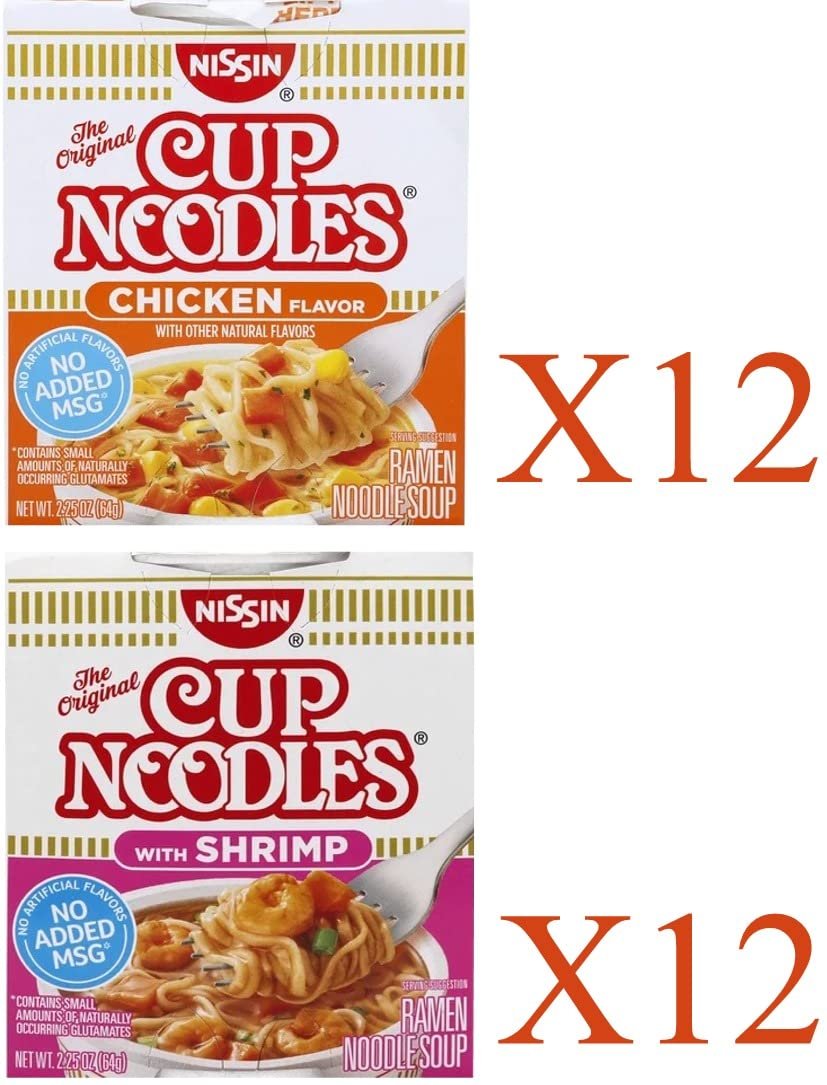 Nissin Cup Of Noodles Instant Cup 24 Count, 12 Shrimp, 12 Chicken Lunch / Dinner Variety, 2 Flavors