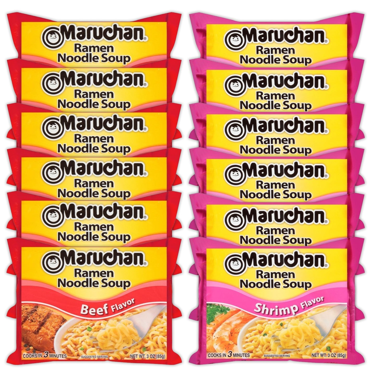 Maruchan Ramen Instant Noodle Soup Variety, 2 Flavors - 6 Packs Beef & 6 Packs Shrimp , 3 Ounce Single Servings Lunch / Dinner Variety