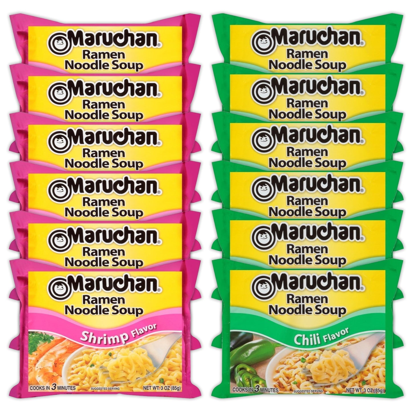 Maruchan Ramen Instant Noodle Soup Variety, 2 Flavors - 6 Packs Chili & 6 Packs Shrimp , 3 Ounce Single Servings Lunch / Dinner Variety