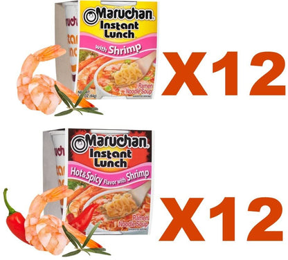 Maruchan Ramen Cup Noodles Instant 24 Count - 12 Hot and Spicy Shrimp cups & 12 Shrimp cups Lunch / Dinner Variety, 2 Flavors