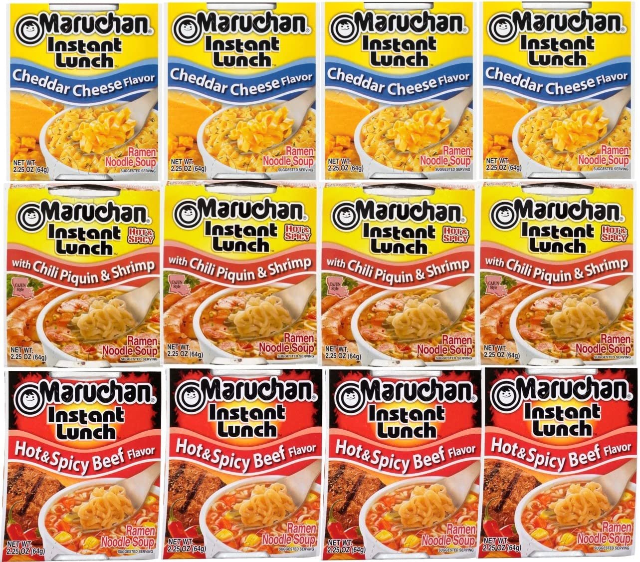 Maruchan Ramen cup Instant Soup Noodles Mix Variety 3 Flavor Packs 12 Count - 4 Cheddar Cheese, 4 Chili Piquin & Shrimp, 4 Hot & Spicy Beef, Pack Lunch/Dinner Variety
