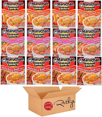 Ruthy's Outlet Ramen Noodle Cup Soup Instant Lunch Variety 12 Count - 9 Flavors -Chicken, Spicy Beef, Chedder cheese, Spicy Chicken, Lime chili Shrimp