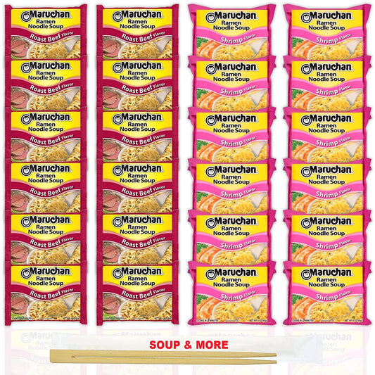 Maruchan Ramen Instant Noodle Soup Variety, 2 Flavors - 12 Packs Roast Beef & 12 Packs Shrimp , 3 Ounce Single Servings Lunch / Dinner Variety