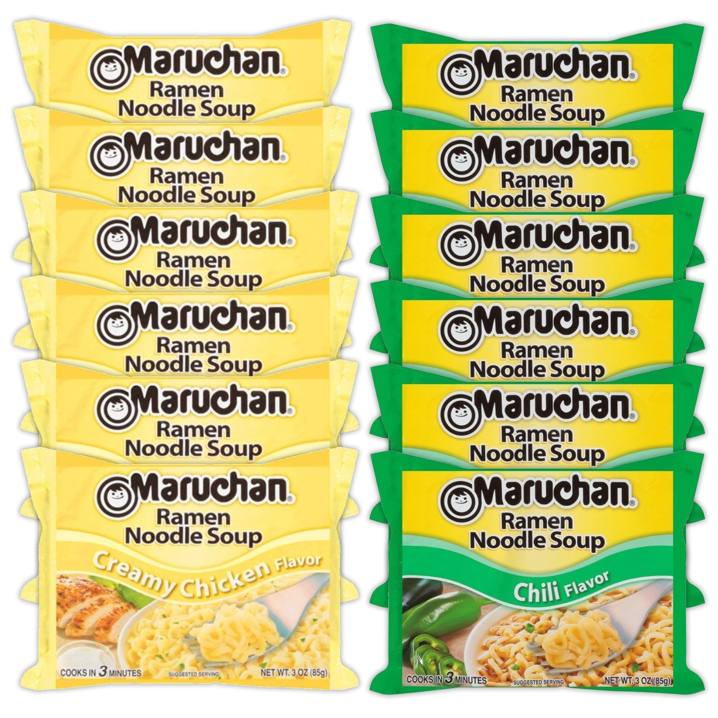 Maruchan Ramen Instant Noodle Soup Variety, 2 Flavors - 6 Packs Creamy Chicken & 6 Packs Chili , 3 Ounce Single Servings Lunch / Dinner Variety