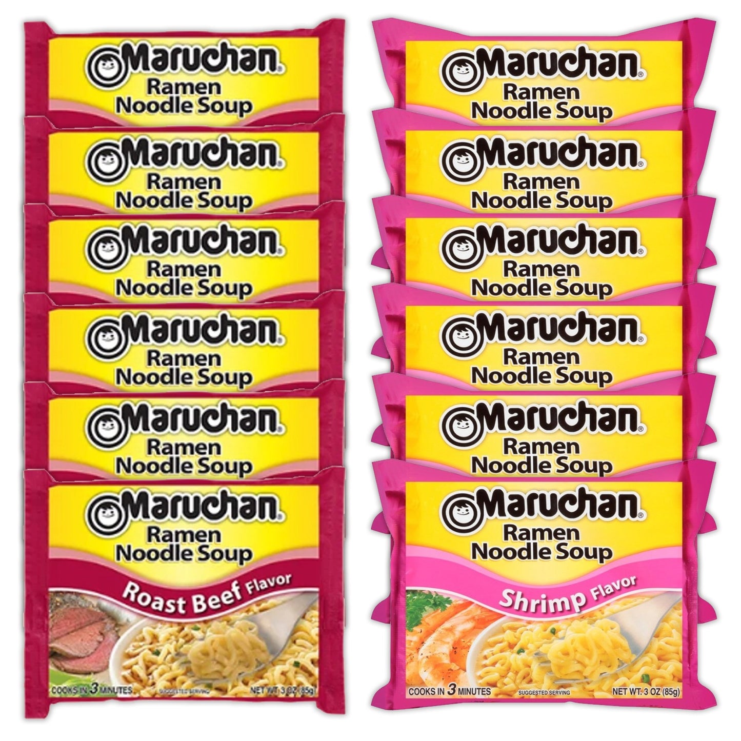 Maruchan Ramen Instant Noodle Soup Variety, 2 Flavors - 6 Packs Roast Beef & 6 Packs Shrimp , 3 Ounce Single Servings Lunch / Dinner Variety