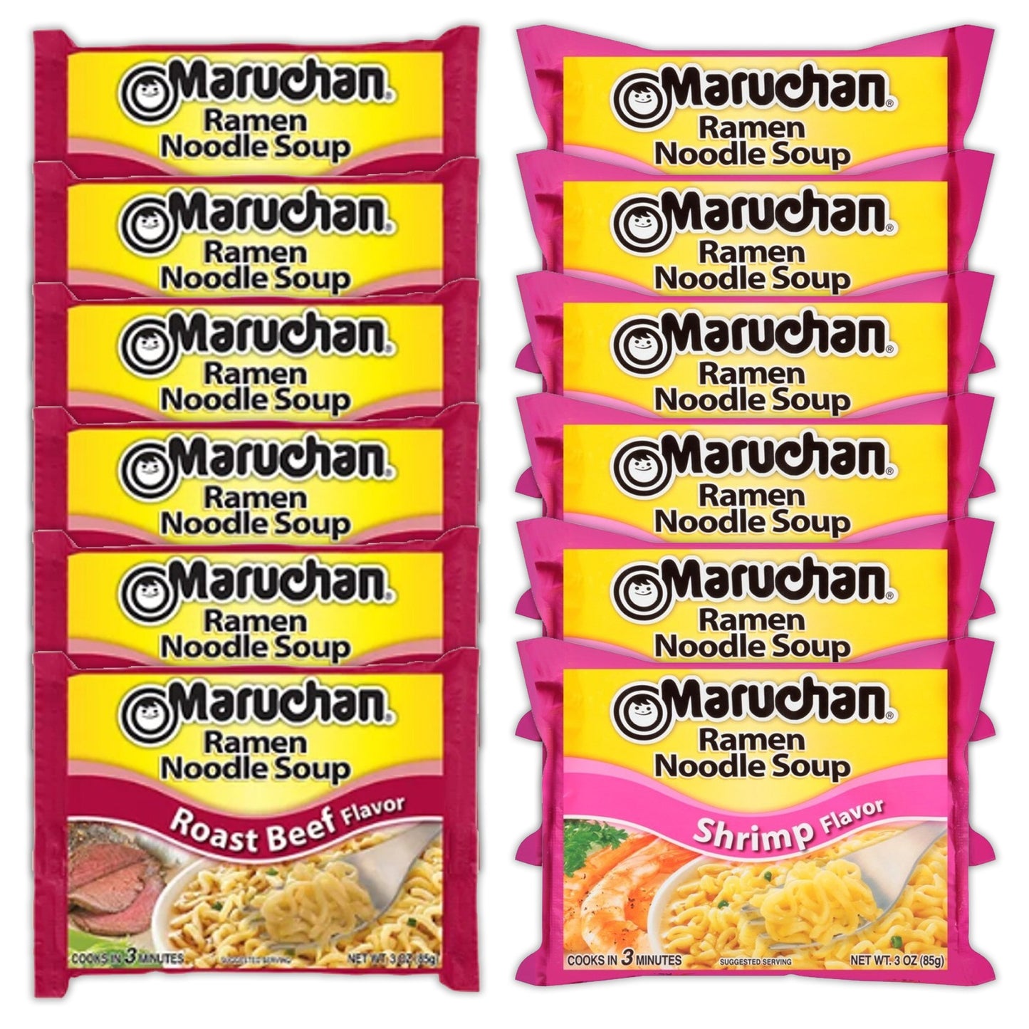 Maruchan Ramen Instant Noodle Soup Variety, 2 Flavors - 6 Packs Roast Beef & 6 Packs Shrimp , 3 Ounce Single Servings Lunch / Dinner Variety