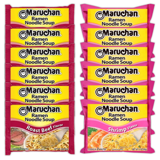 Maruchan Ramen Instant Noodle Soup Variety, 2 Flavors - 6 Packs Roast Beef & 6 Packs Shrimp , 3 Ounce Single Servings Lunch / Dinner Variety