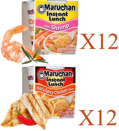 Maruchan Ramen Instant Cup Noodles 24 Count - 12 Shrimp Flavor & 12 Hot & Spicy Chicken Flavor Lunch / Dinner Variety, 2 Flavors