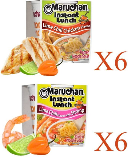 Maruchan Ramen Instant Cup Noodles 12 Count - 6 Lime Chili Chicken Flavor & 6 Lime Chili Shrimp Flavor Lunch / Dinner Variety, 2 Flavors