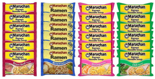 Maruchan Ramen Instant Noodle Soup Variety Mix 24 Packs, 4 Flavors - 6 Pack Shrimp, 6 Pack Roast Beef, 6 Pack Oriental , 6 Pack Chili Lunch / Dinner Variety