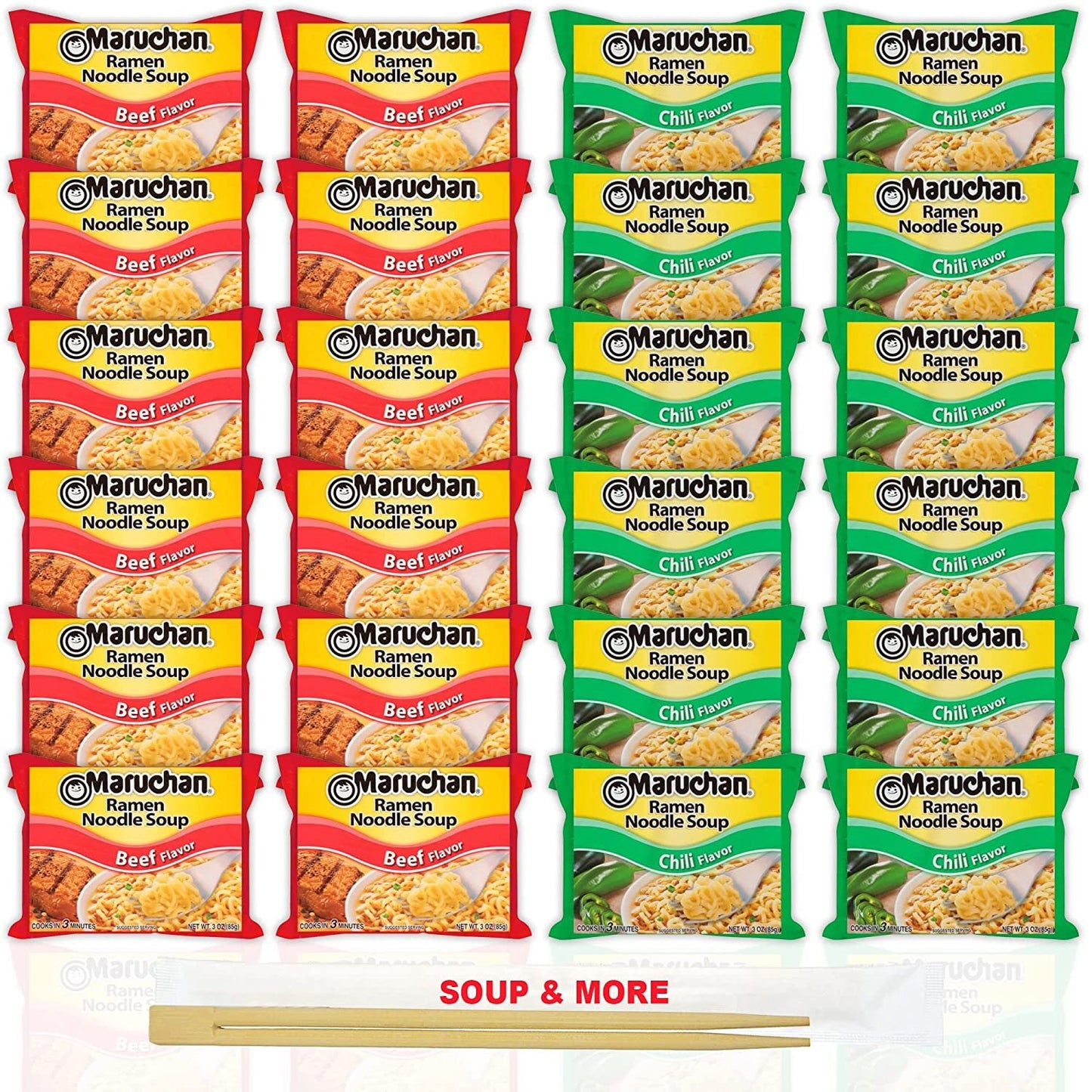 Maruchan Ramen Instant Noodle Soup Variety, 2 Flavors - 12 Packs Beef & 12 Packs Chili , 3 Ounce Single Servings Lunch / Dinner Variety