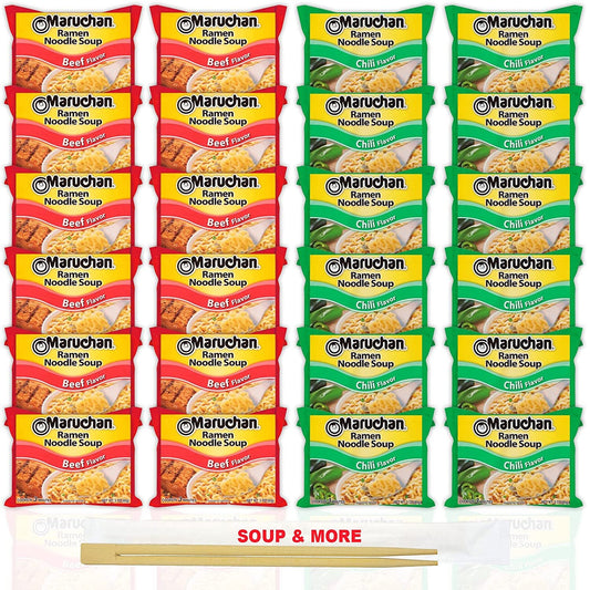 Maruchan Ramen Instant Noodle Soup Variety, 2 Flavors - 12 Packs Beef & 12 Packs Chili , 3 Ounce Single Servings Lunch / Dinner Variety