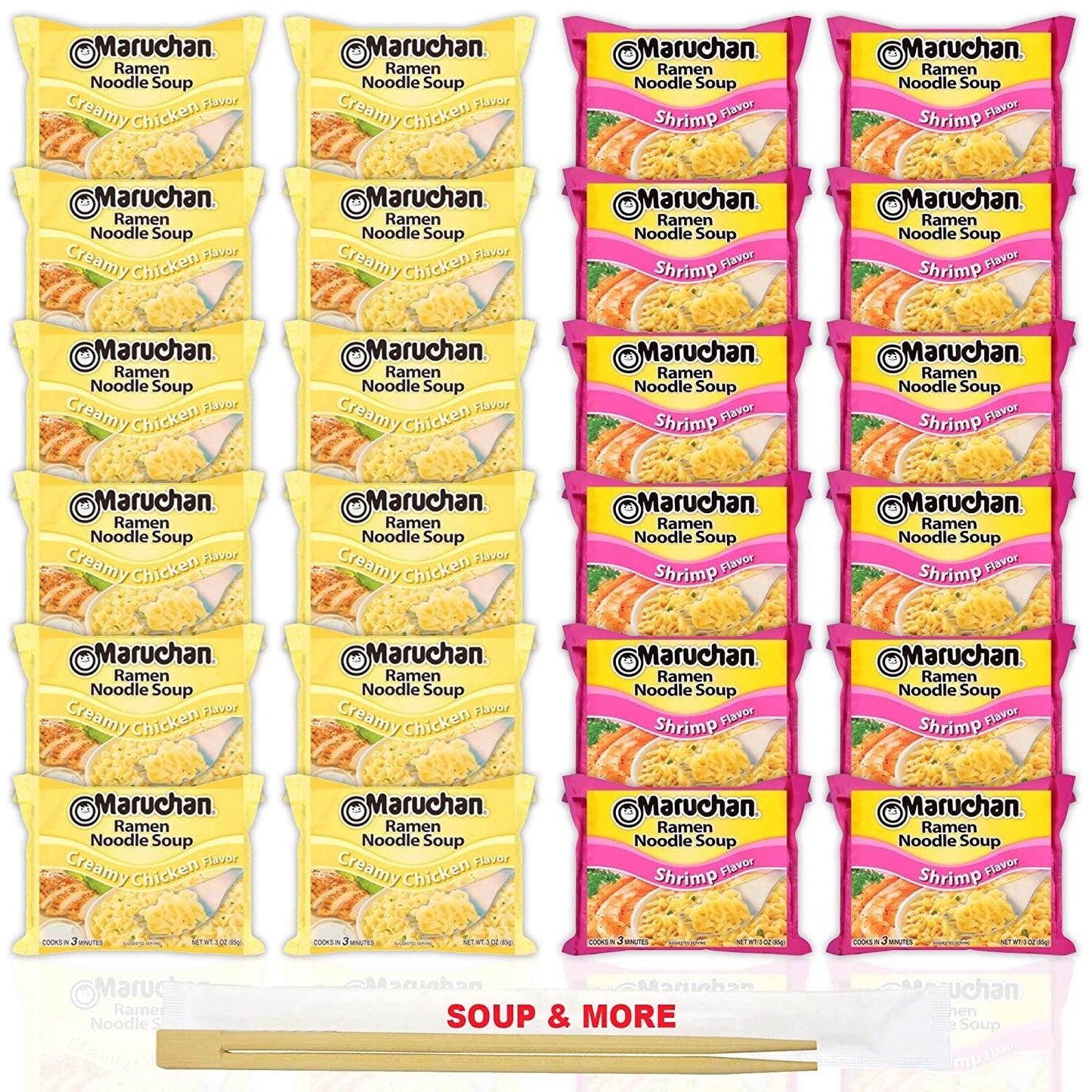 Maruchan Ramen Instant Noodle Soup Variety, 2 Flavors - 12 Packs Creamy Chicken & 12 Packs Shrimp , 3 Ounce Single Servings Lunch / Dinner Variety