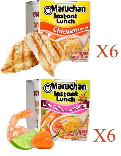 Maruchan Ramen Instant Cup Noodles 12 Count - 6 Chicken Flavor & 6 Lime Chili Shrimp Flavor Lunch / Dinner Variety, 2 Flavors