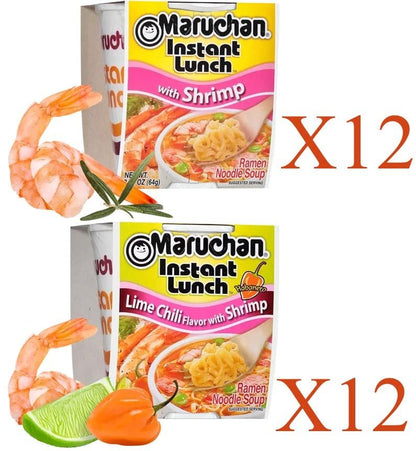 Maruchan Ramen Instant Cup Noodles 24 Count - 12 Shrimp Flavor & 12 Lime Chili Shrimp Flavor Lunch / Dinner Variety, 2 Flavors