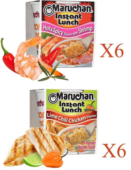 Maruchan Ramen Instant Cup Noodles 12 Count - 6 Hot & Spicy Shrimp Flavor & 6 Lime Chili Chicken Flavor Lunch / Dinner Variety, 2 Flavors