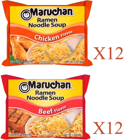 Maruchan Ramen Instant Soup Noodles 24 Count - 12 Cheick Flavor & 12 Beef Flavor Packs Lunch / Dinner Variety, 2 Flavors