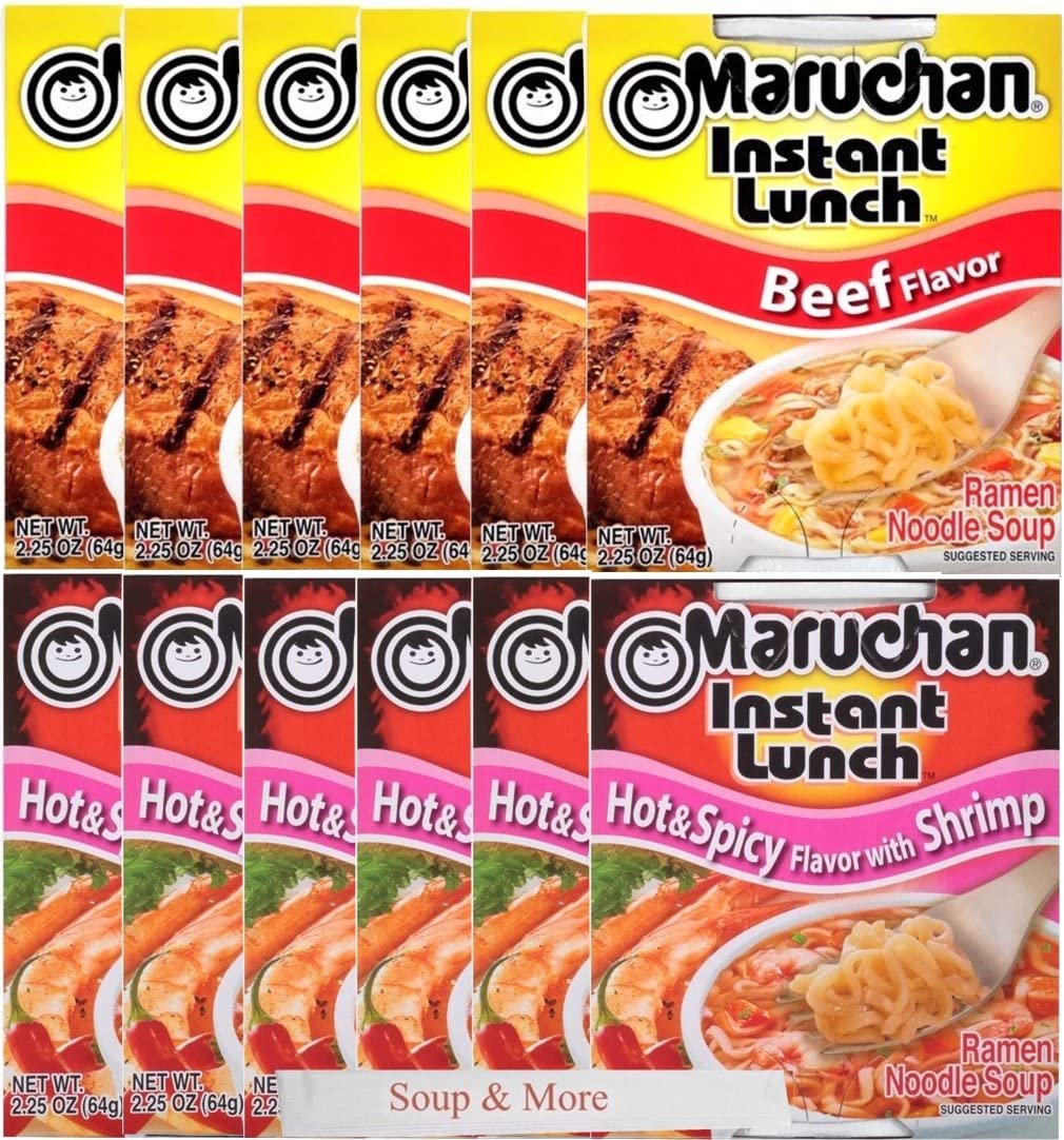 Maruchan Ramen Instant Cup Noodles 12 Count - 6 Beef Flavor & 6 Hot & Spicy Shrimp Flavor Lunch / Dinner Variety, 2 Flavors