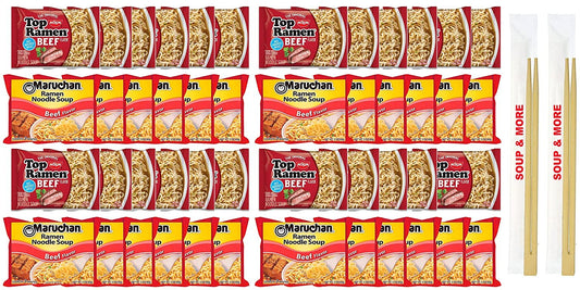 Maruchan Ramen Instant Beef Flavor Soup 24 Noodles Packs & 24 Nissin Packs Beef Noodles Flavor Lunch / Dinner Variety, 48 Count, 2 Flavors