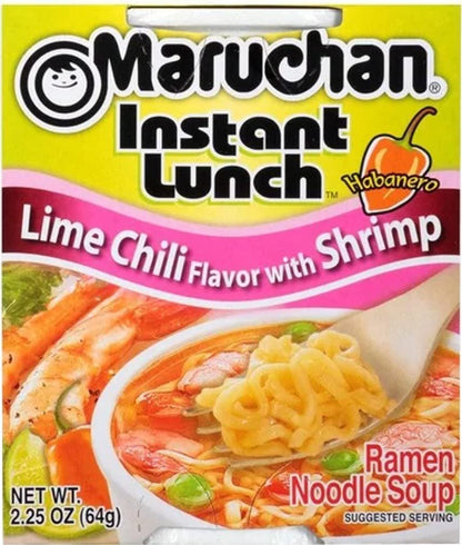 Maruchan Ramen Instant Cup Noodles 24 Count - 12 Beef Flavor & 12 Lime Chili Shrimp Flavor Lunch / Dinner Variety, 2 Flavors