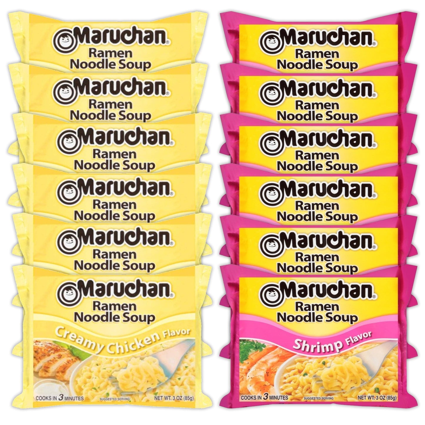 Maruchan Ramen Instant Noodle Soup Variety, 2 Flavors - 6 Packs Creamy Chicken & 6 Packs Shrimp , 3 Ounce Single Servings Lunch / Dinner Variety
