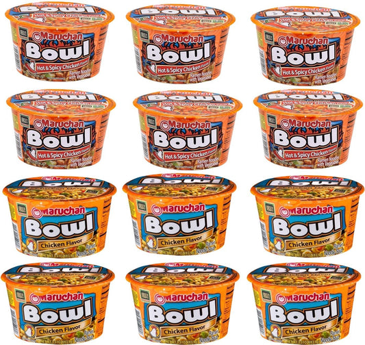 Maruchan Bowl 6 - Chicken Flavor & 6 Hot & Spicy Chicken Flavor Ramen Noodles Soup with Vegetables 3.31oz - Pack of 12