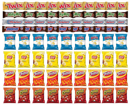 Twix, MilkyWay, 3 Musketeers, Snickers Full Size Chocolate Bars & Ruffles, Lays Classic, Cheetos Crunchy and Fritos Original Mix Snack Verity – Pack of 80