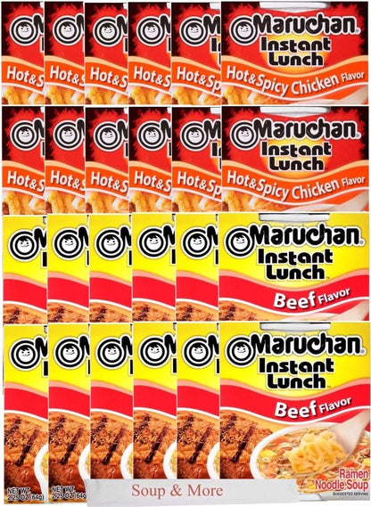 Maruchan Ramen Instant Cup Noodles 24 Count - 12 Beef Flavor & 12 Hot & Spicy Chicken Flavor Lunch / Dinner Variety, 2 Flavors