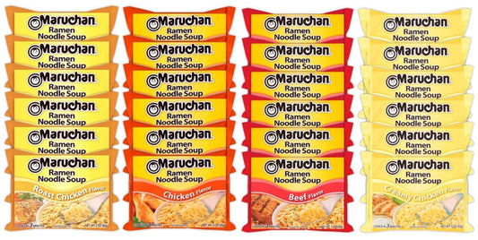 Maruchan Ramen Instant Noodle Soup Variety Mix 24 Packs, 4 Flavors - 6 Pack Beef, 6 Pack Roast Chicken , 6 Pack Creamy Chicken , 6 Pack Chicken Lunch / Dinner Variety