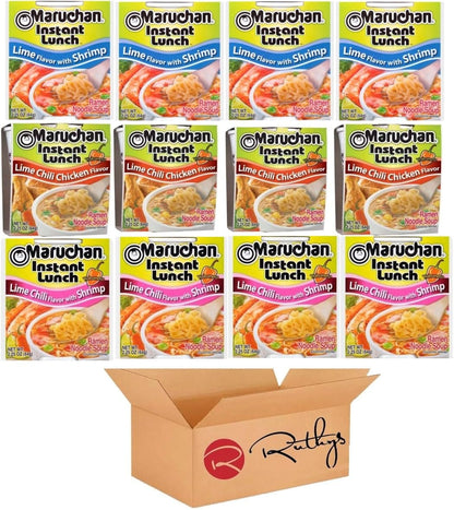 Ruthy's Outlet Ramen Noodle Cup Soup Instant Lunch Variety 12 Count - 9 Flavors -Chicken, Spicy Beef, Chedder cheese, Spicy Chicken, Lime chili Shrimp