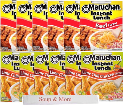Maruchan Ramen Instant Cup Noodles 12 Count - 6 Beef Flavor & 6 Lime Chili Chicken Flavor Lunch / Dinner Variety, 2 Flavors