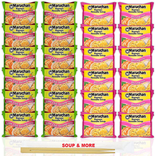 Maruchan Ramen Instant Noodle Soup Variety, 2 Flavors - 12 Packs Lime Chili Shrimp & 12 Packs Chili , 3 Ounce Single Servings Lunch / Dinner Variety