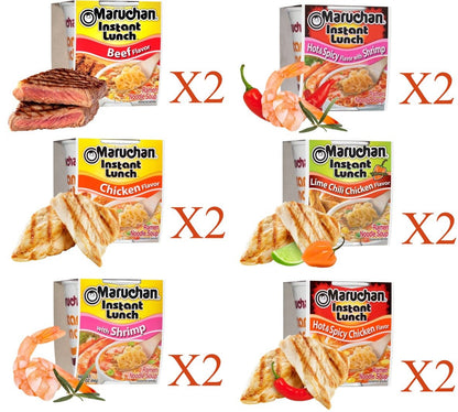 Maruchan Ramen Cup Noodles Instant 12 Count - 2 Beef, 2 Chicken, 2 Shrimp, 2 Hot & Spicy Shrimp, 2 Hot & Spicy chicken & 2 Lime Chili Chicken Lunch / Dinner Variety, 6 Flavors